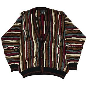 J. Ferrar Mens 3D Textured Knit Cardigan Sweater Multicolor Coogi Style Large